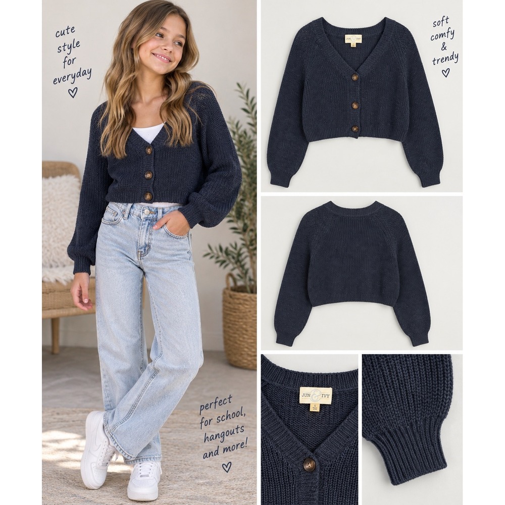 Jun & Ivy Girls Navy Blue Cropped Cardigan Sweater Acrylic Knit Preppy Size S